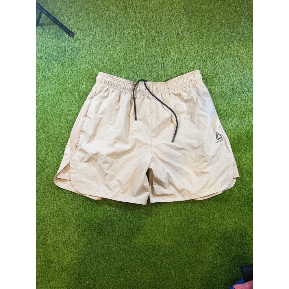 Reebok Mens Athletic Training Shorts Tan Beige XL Drawstring Mesh Side Panels